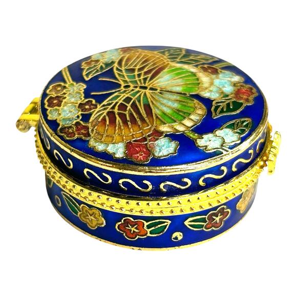 Vintage Blue Gold Tone Cloisonne Butterfly Round Pill Box Trinket Box - Picture 6 of 8